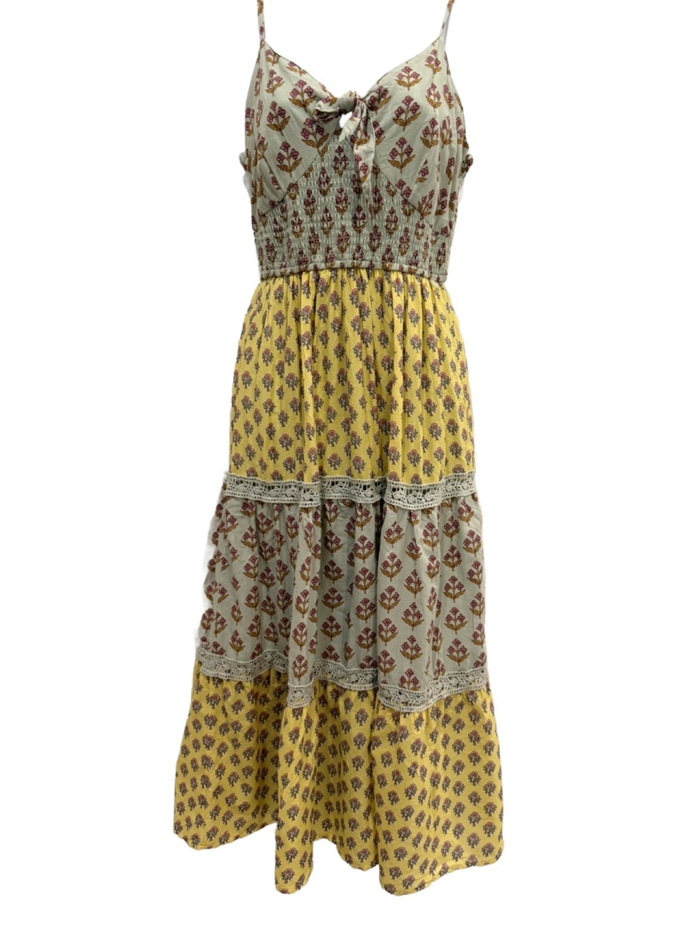 Japna Bohemian Tiered Floral Maxi Dress in Yellow and Cream. Medium